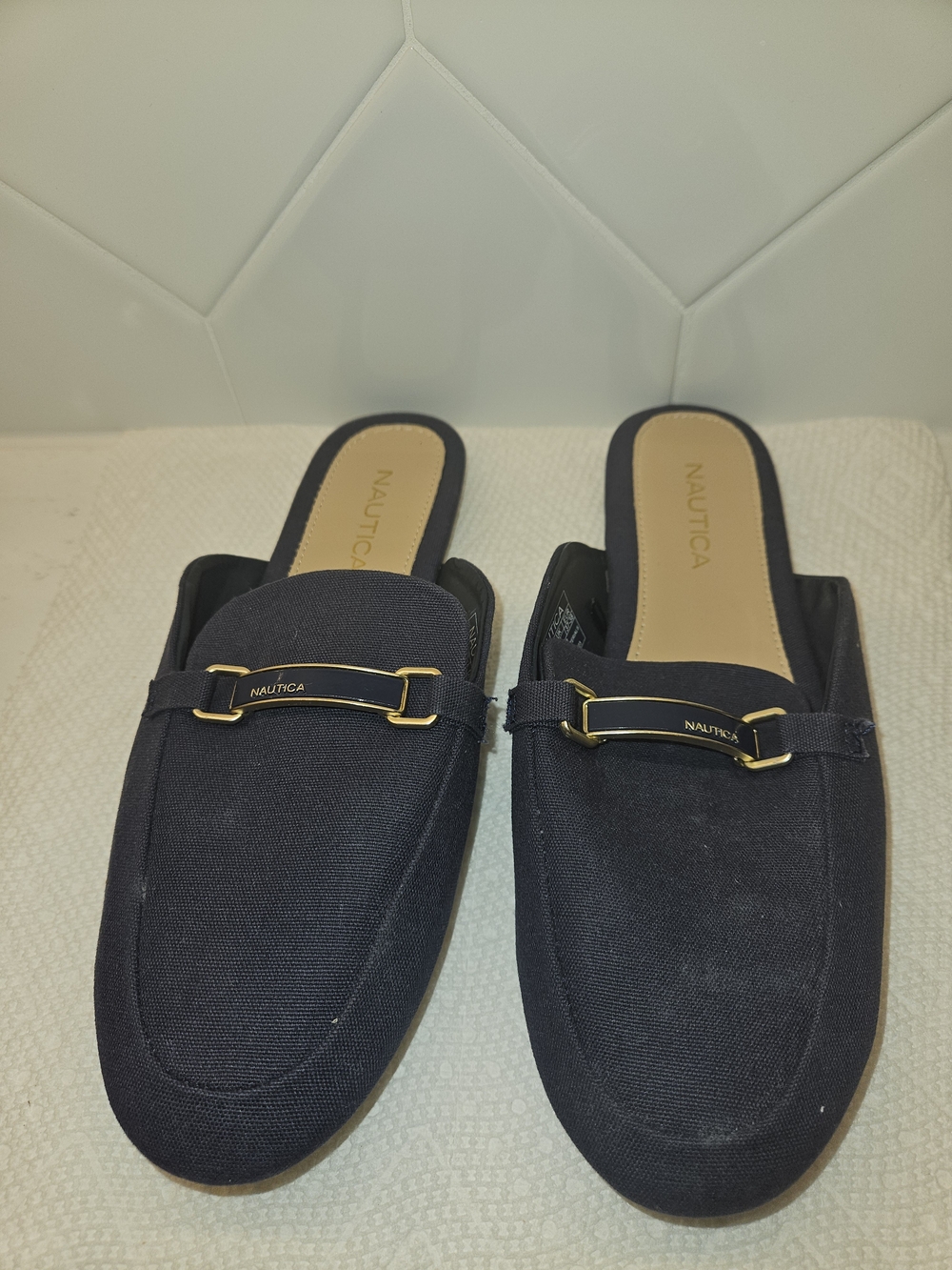Nautica Women's Navy Canvas Textile Slip-On Loafer Mule Flats Logo Buckle US 7